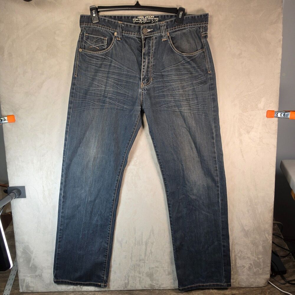 Tool Jeans Mens 36x32 Dark Wash Straight Leg Whiskering Y2K Vintage Japanese